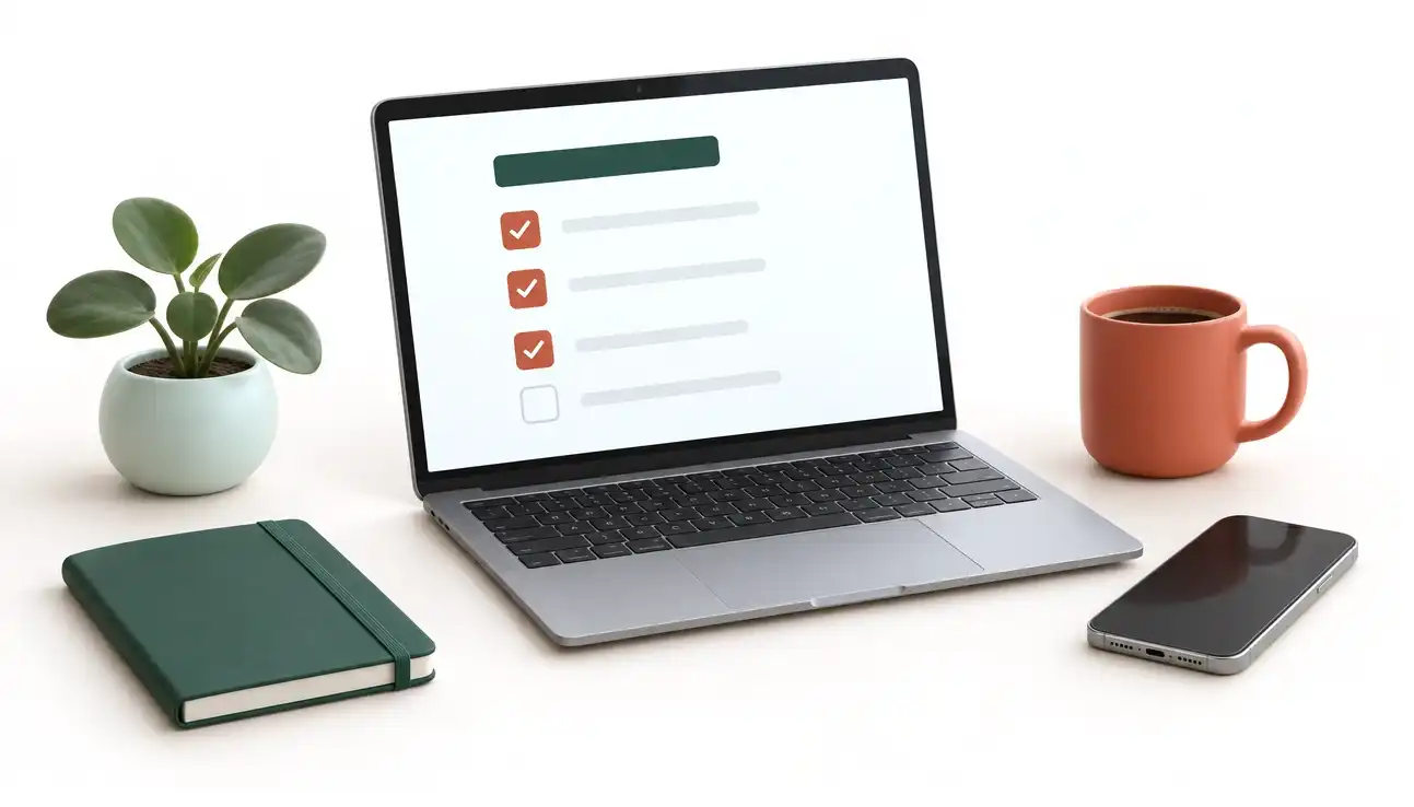 Un bureau : un ordinateur portable ouvert sur une liste cochée, un carnet, un téléphone, une tasse et une plante.